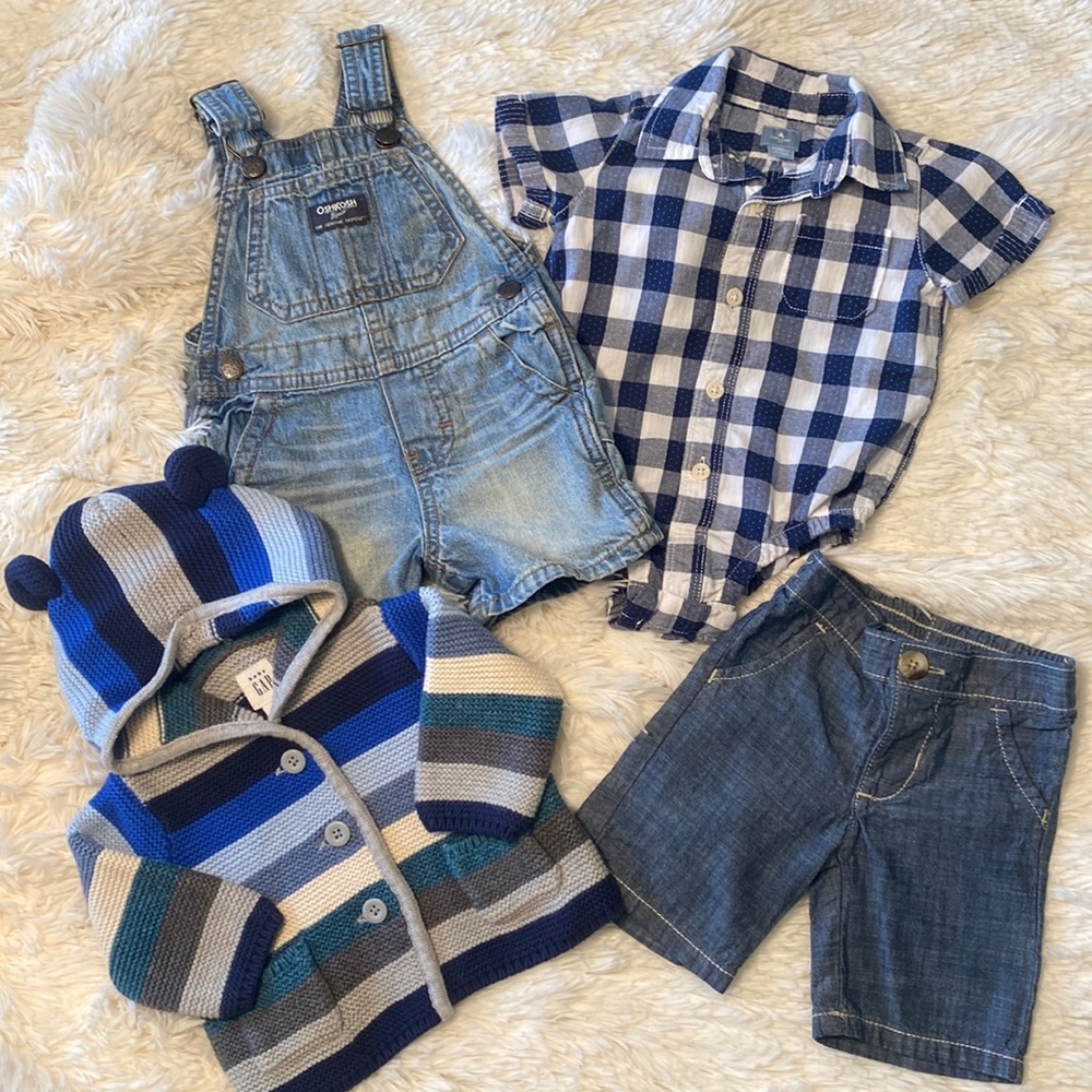 6-9 Month OshKosh Overall Shorts, 0-3 Month Gap Sweater, 3-6 Month Gap Onesie